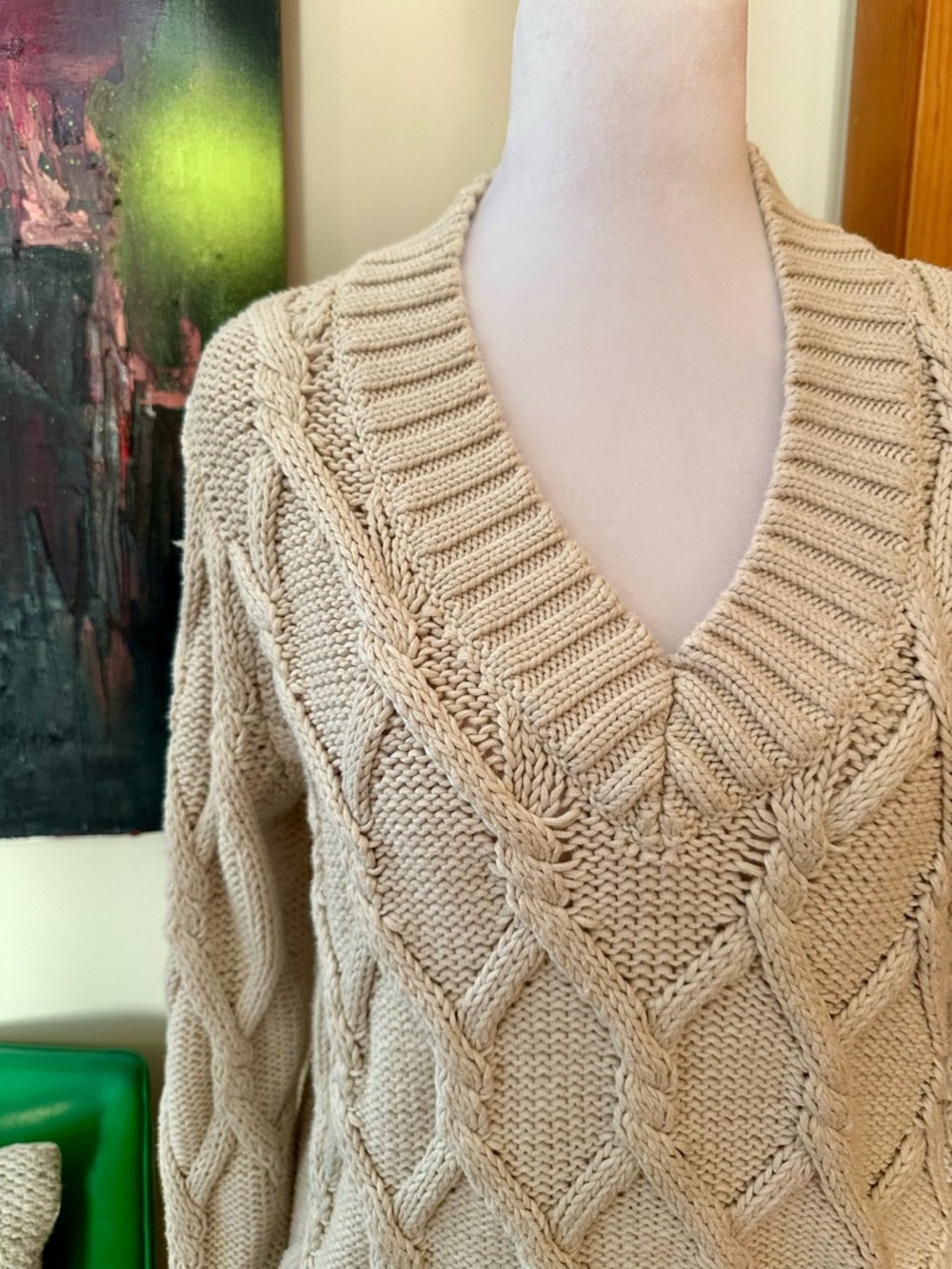 Vineyard Vines Beige Cable Knit V-Neck Sweater 100% Cotton